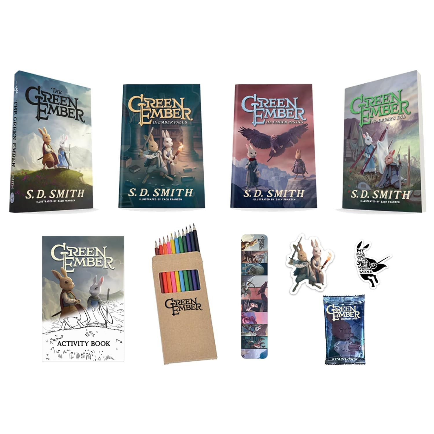 Collection of 'The Green Ember' books and related items on a white background